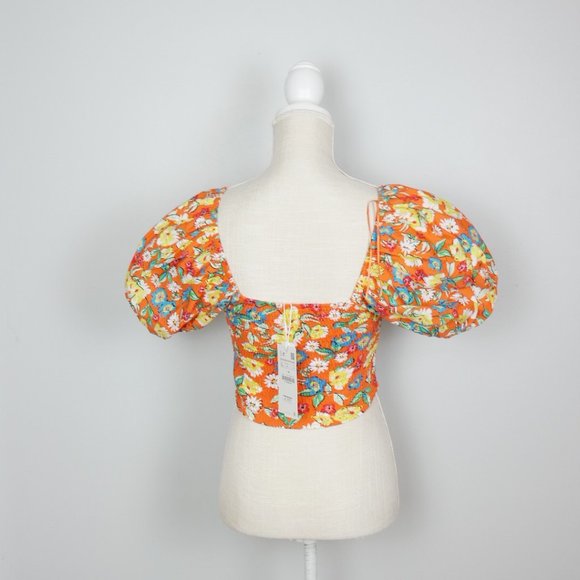 NWT Zara Orange Floral Crop Top Short Bubble Puff Sleeve Large - Picture 11 of 14